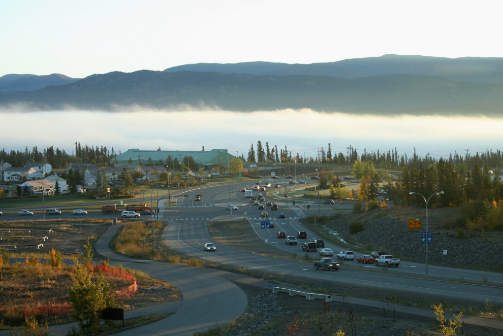 Fog and traffic from the Canada Games Centre in Whitehorse
