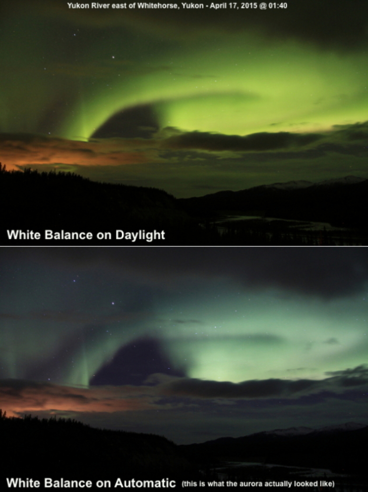 One common way of changing the color of the aurora borealis in photos