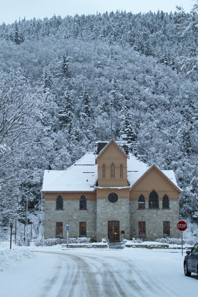 The old Skagway City Hall with a load of fresh snow