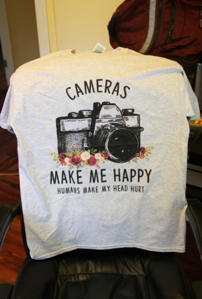 'Cameras make me happy, humans make my head hurt' tshirt