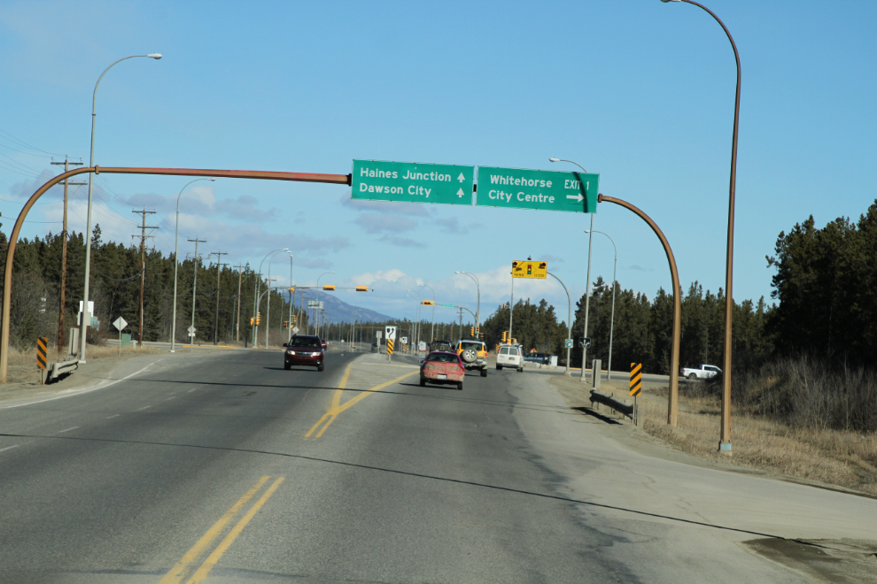 The intersection of the Alaska Highway and Robert Service Way, the first access to downtown Whitehorse.