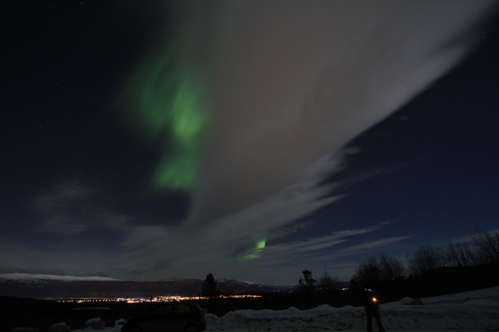 The aurora borealis at the Fish Lake Road viewpoint in Whitehorse, Yukon