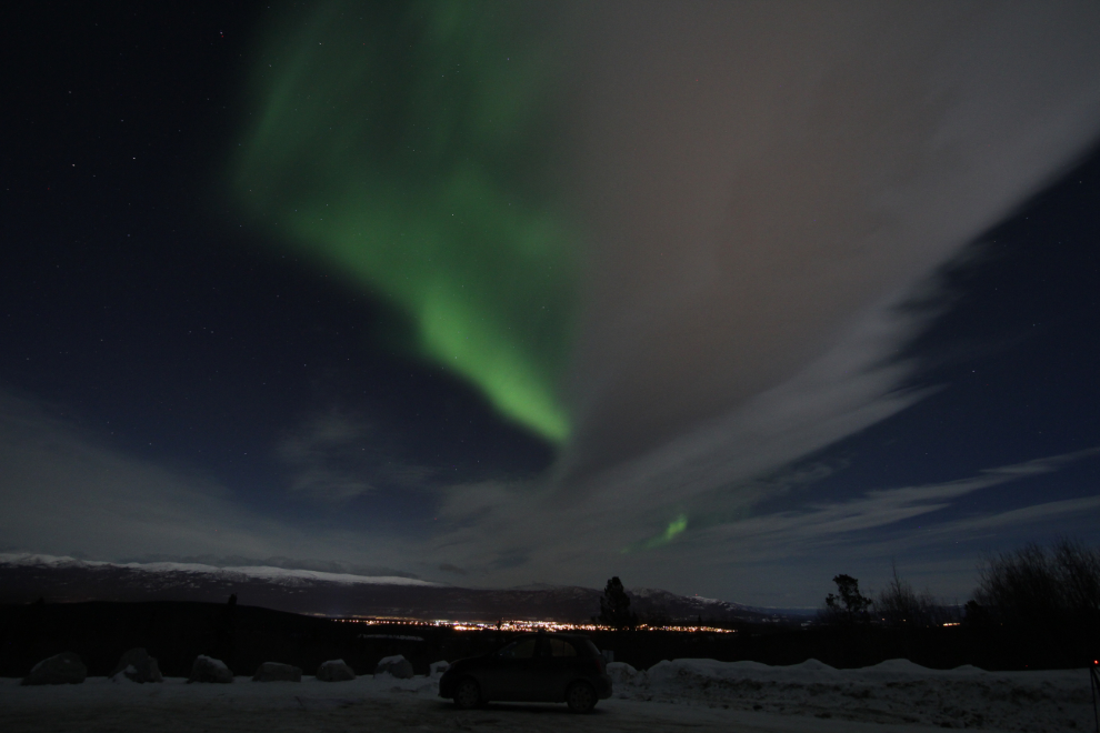 The aurora borealis at the Fish Lake Road viewpoint in Whitehorse, Yukon