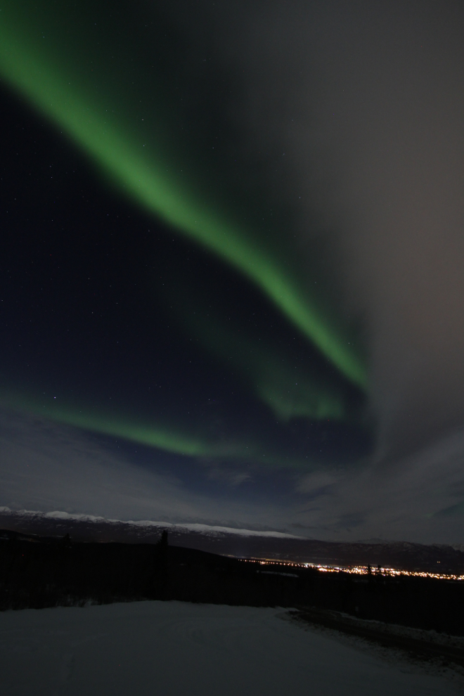 The aurora borealis at the Fish Lake Road viewpoint in Whitehorse, Yukon