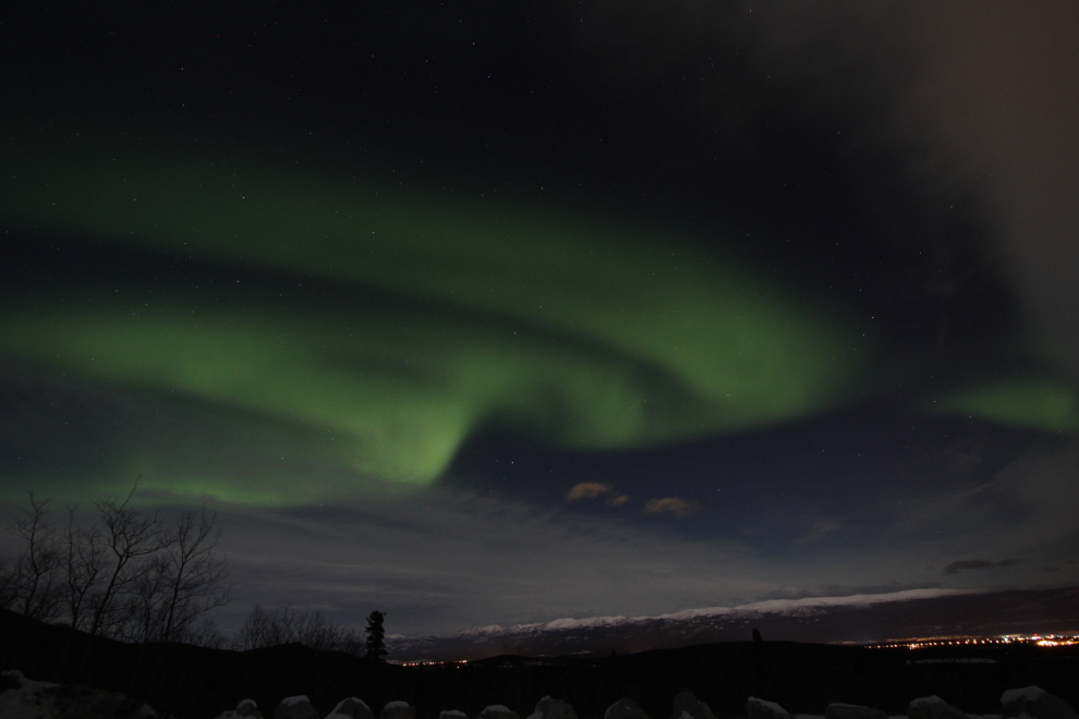 The aurora borealis at the Fish Lake Road viewpoint in Whitehorse, Yukon