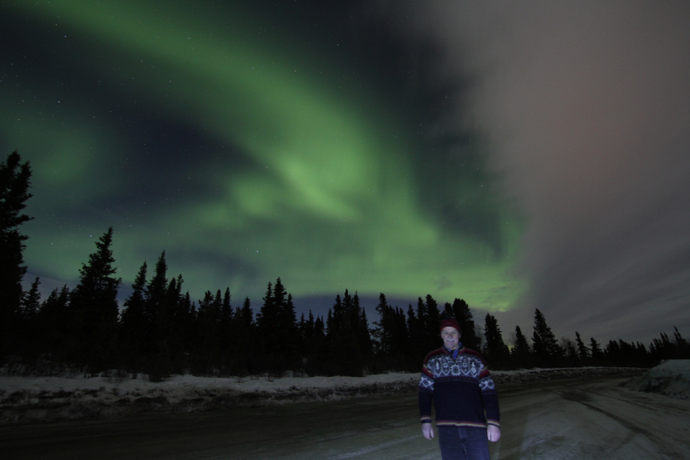 Murray Lundberg and the aurora borealis at Jackson Lake Road near Whitehorse, Yukon