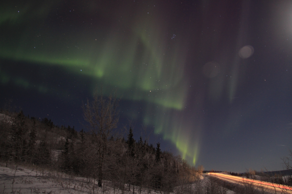 The aurora borealis over the Alaska Highway in the Yukon