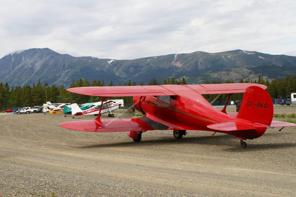 1943 Beech D17S Staggerwing CF-BKQ at a COPA fly-in at the Carcross airport, Yukon