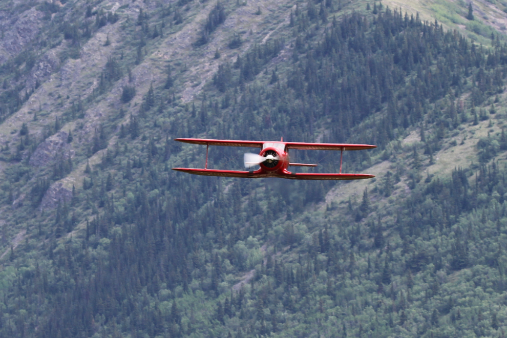 1943 Beech D17S Staggerwing CF-BKQ at a COPA fly-in at the Carcross airport, Yukon