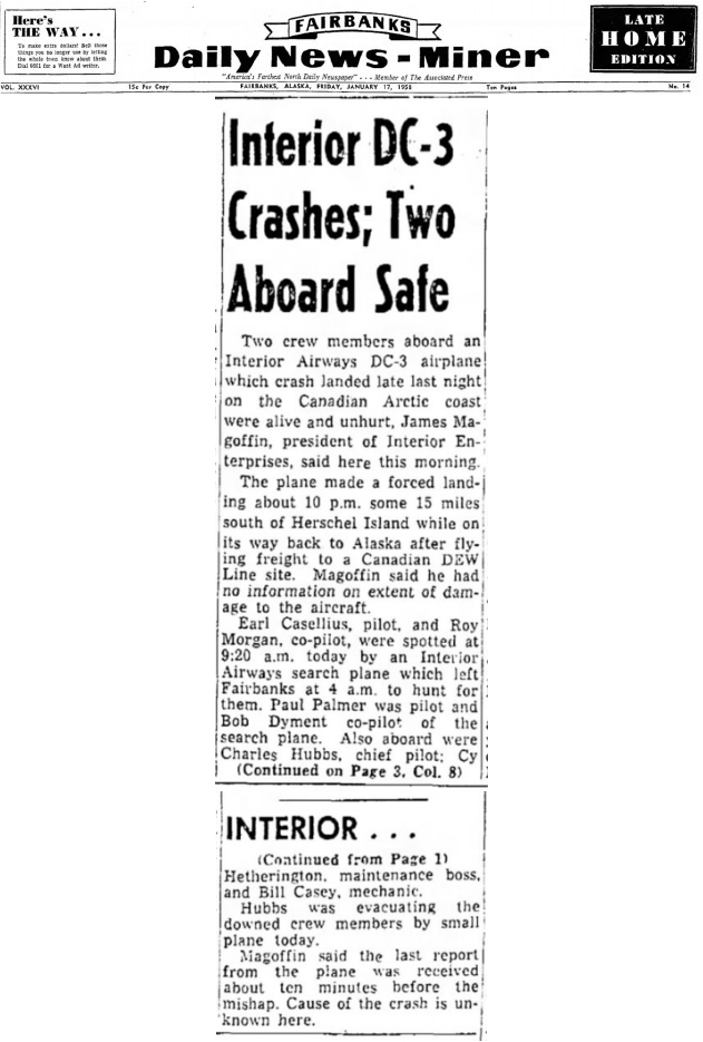 DC-3 crash report - Fairbanks Daily News-Miner of January 17, 1958