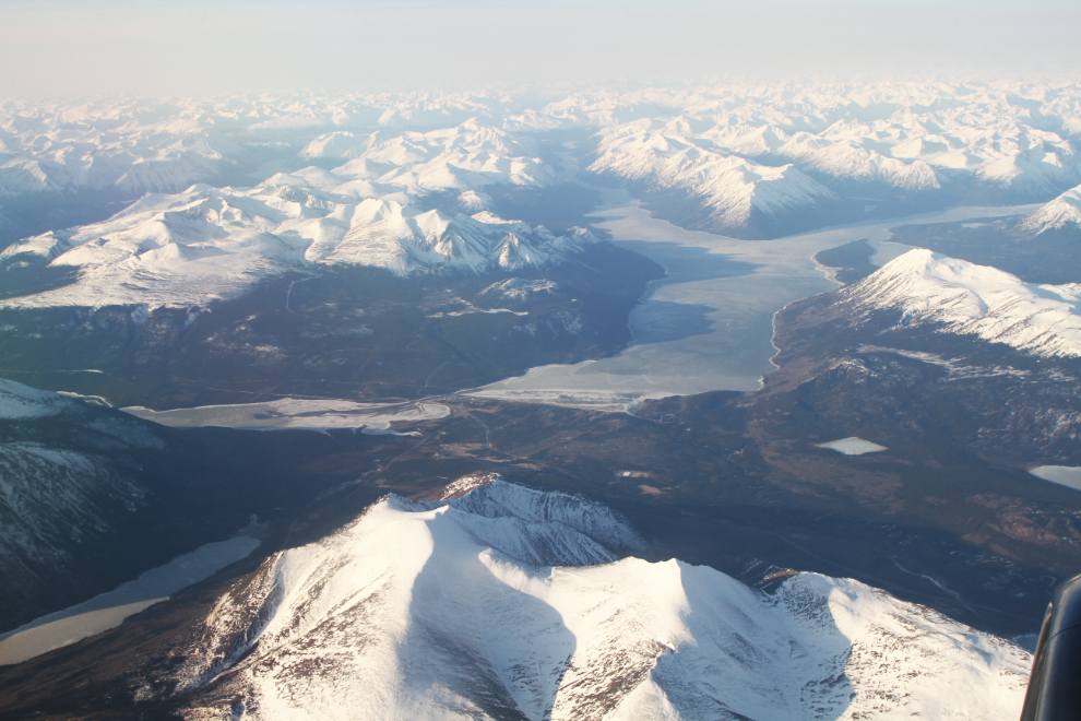 Aerial view, looking south across Carcross and Lake Bennett