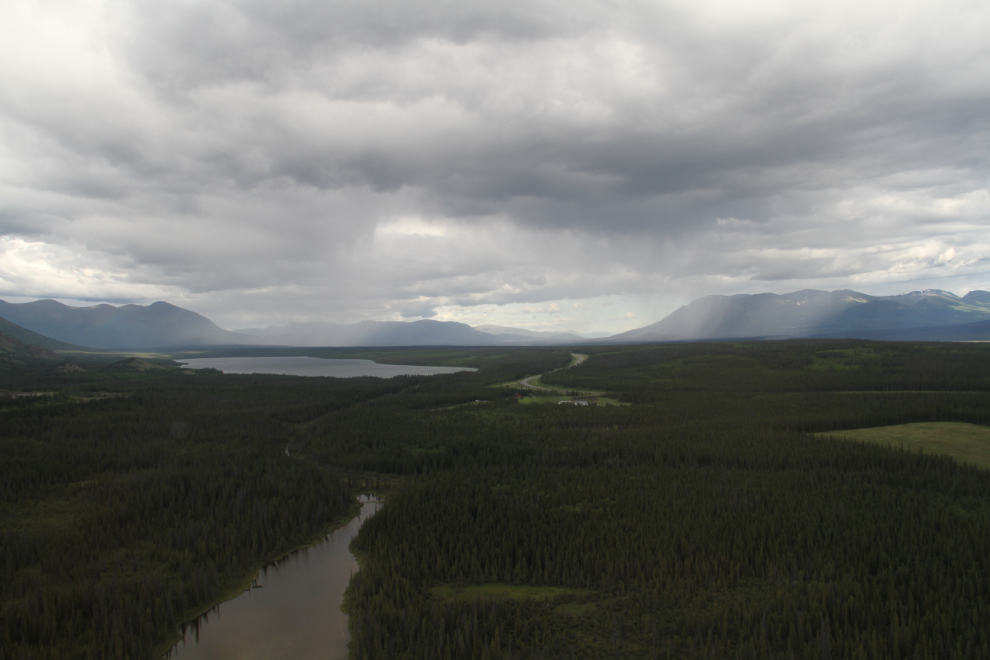 Aerial view of Pine Lake and the Alaska Highway
