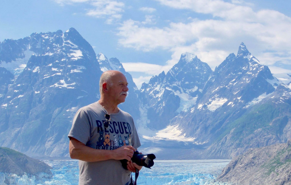 Murray Lundberg among the peaks over the Juneau Icefield - photo by Xiu-Mei Zhang