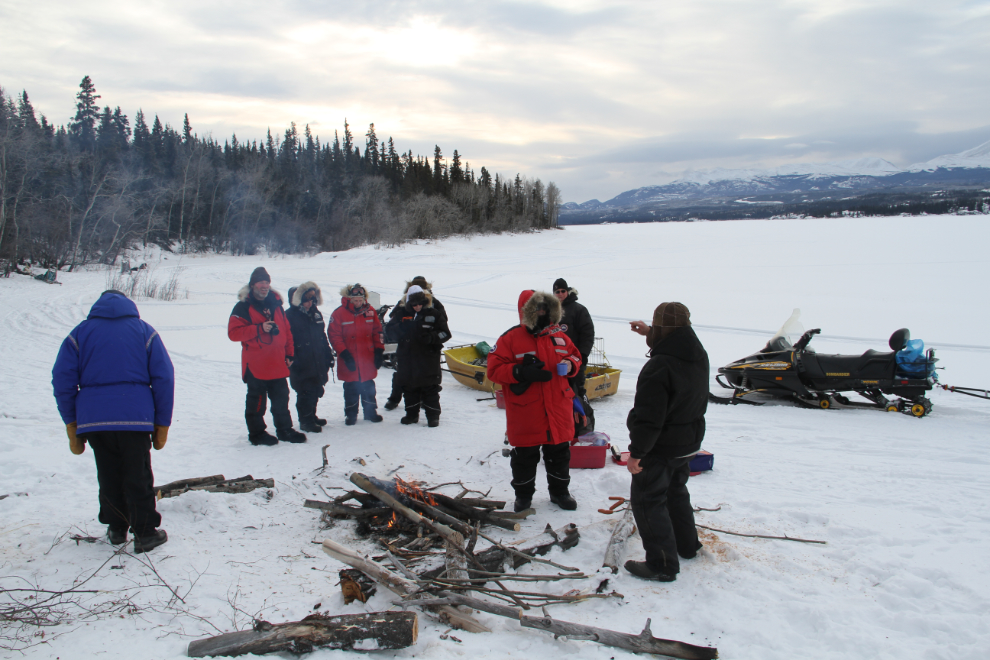 Dog sledding on Lake Laberge, Yukon - a fire was soon going...