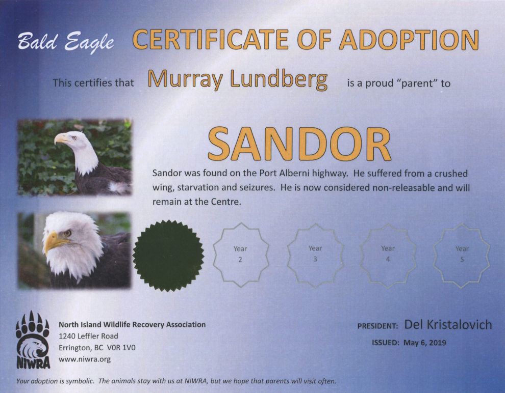 Adoption certificate, North Island Wildlife Recovery Centre, Vancouver Island