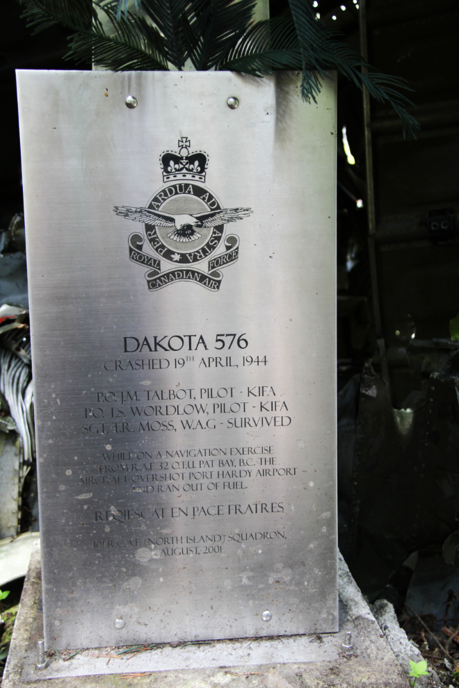 Memorial at the crash site of RAF 'Dakota 576' near Port Hardy, BC