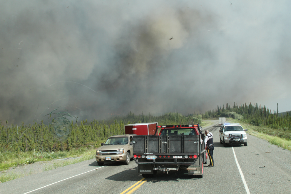 Snag wildfire roadblock on the Alaska Highway, Yukon