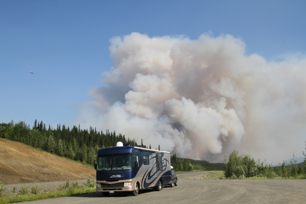 RV and the Snag wildfire along the Alaska Highway, Yukon