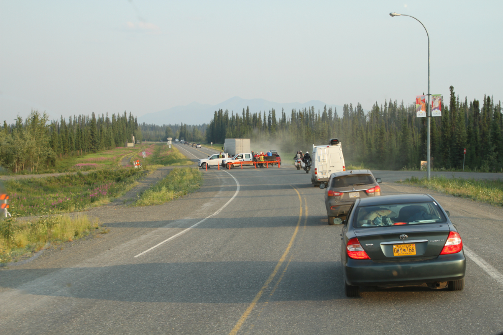 Traffic release at the Beaver Creek roadblock for the Snag wildfire on the Alaska Highway