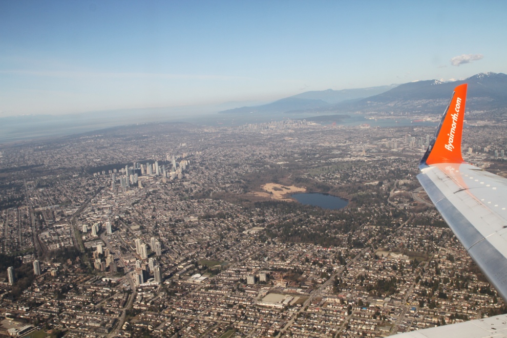 Turning onto the base leg of the approach to YVR, over Burnaby.