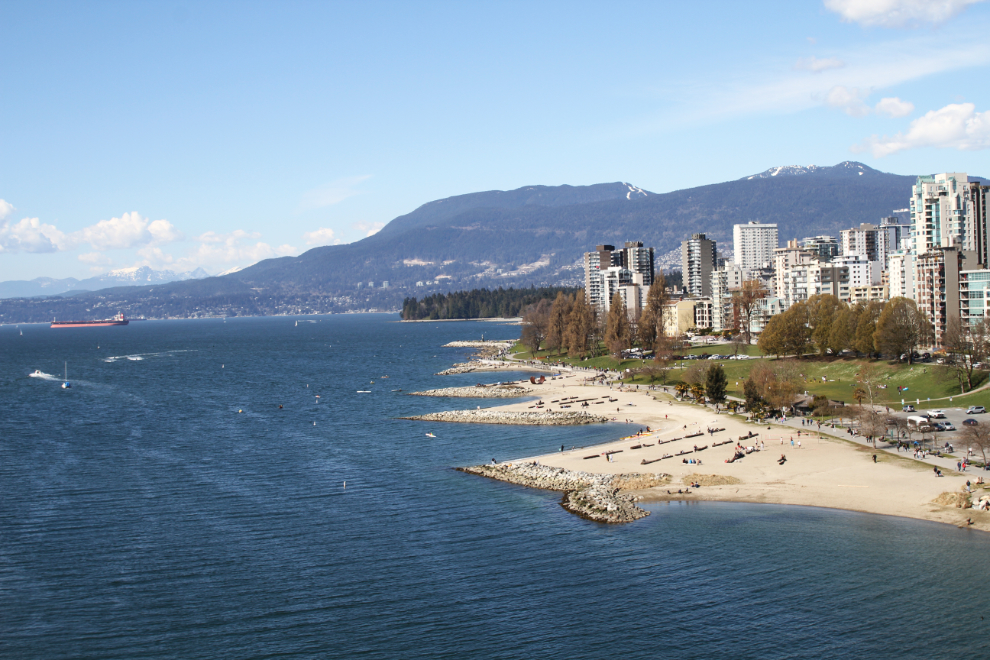The view across English Bay from the Burrard Street Bridge in Vancouver, BC