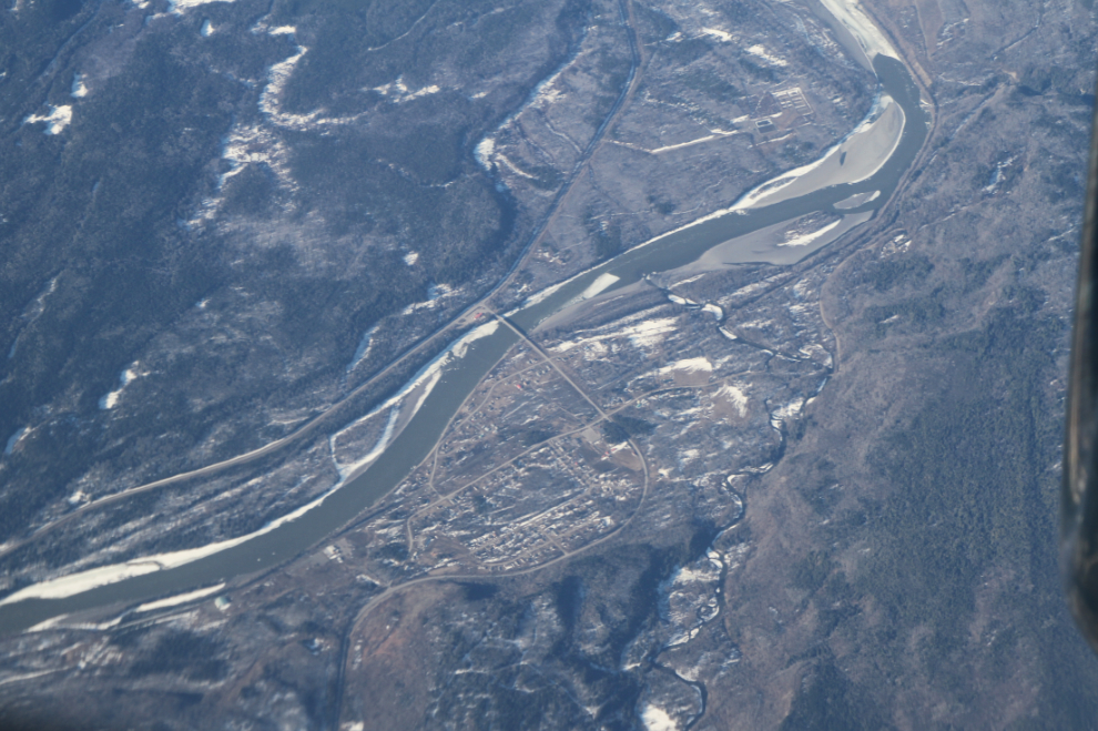 Aerial view of the Skeena River and the village of Gitwangak (formerly Kitwanga), BC