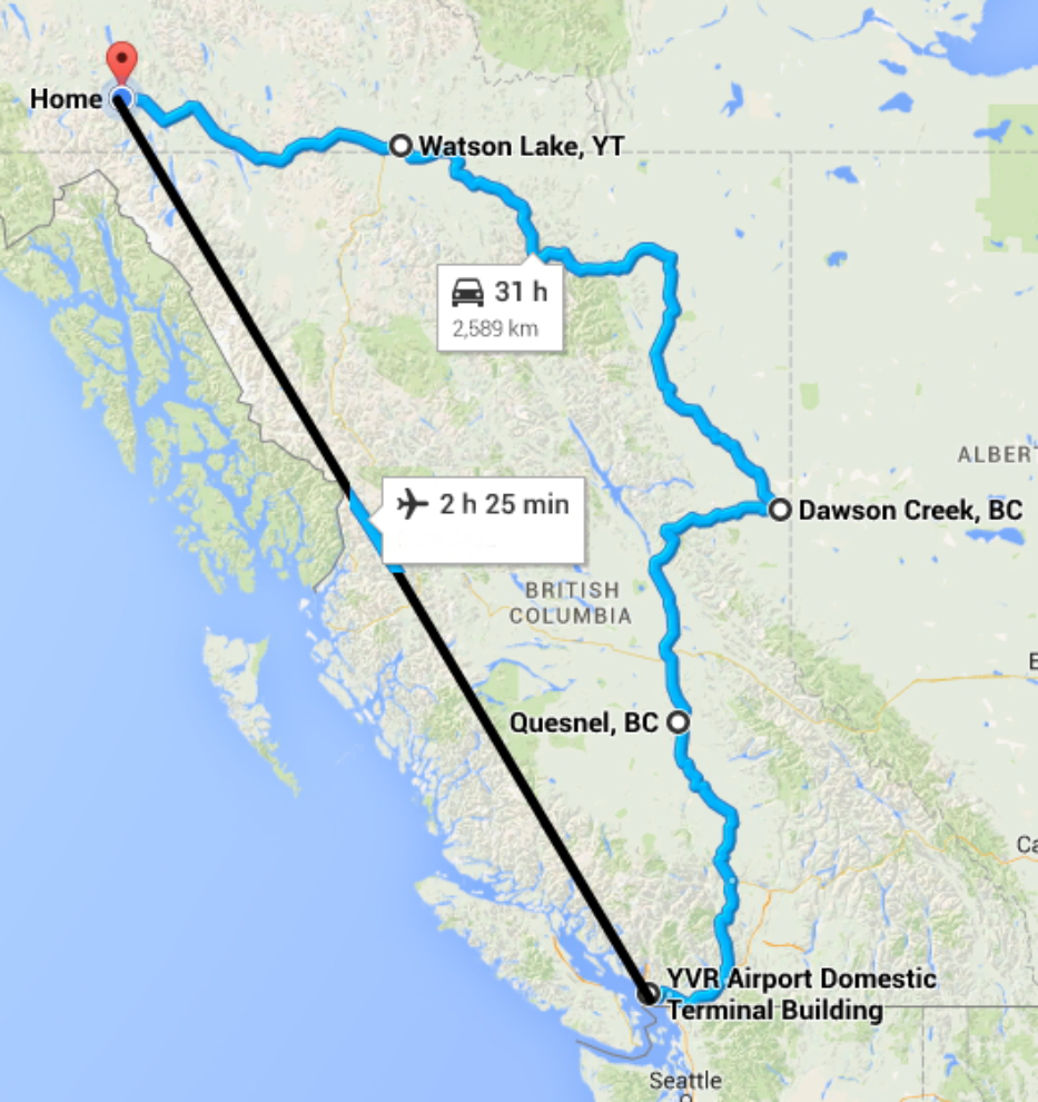 Route map of the drive from Vancouver to Whitehorse