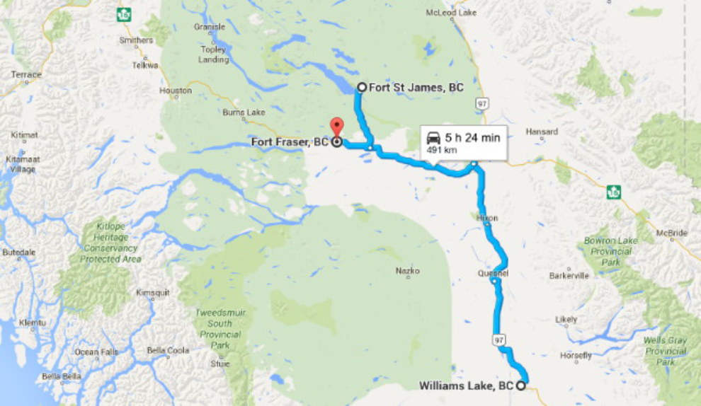 Map of Williams Lake, BC, to Fort St. James, BC route