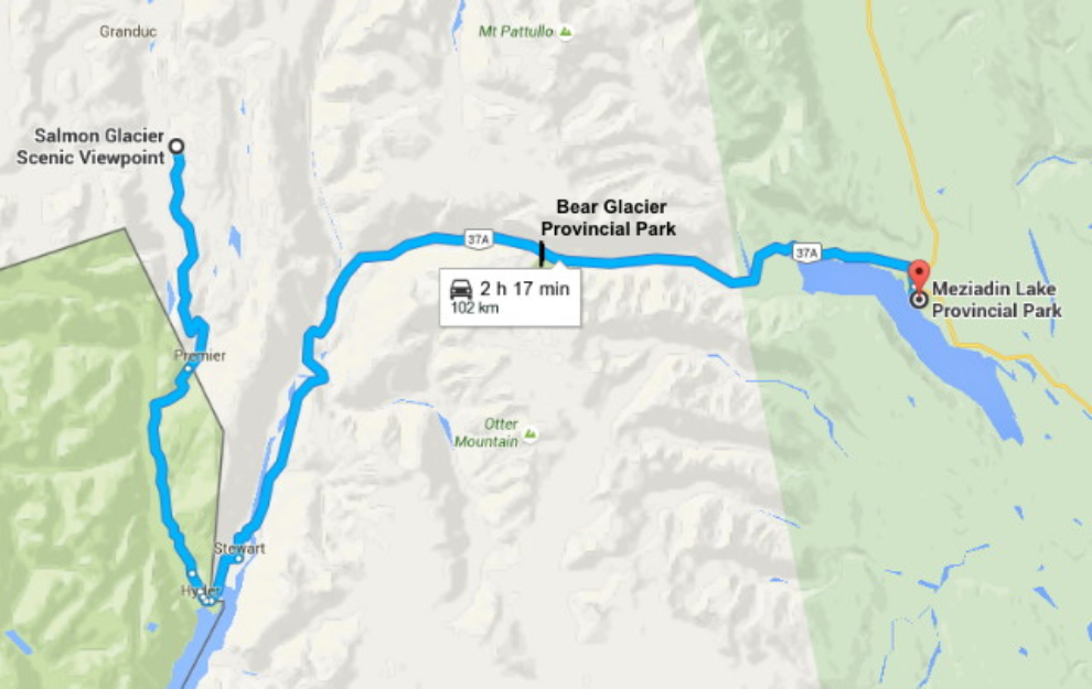 Map - Meziadin Lake to Stewart and the Salmon Glacier