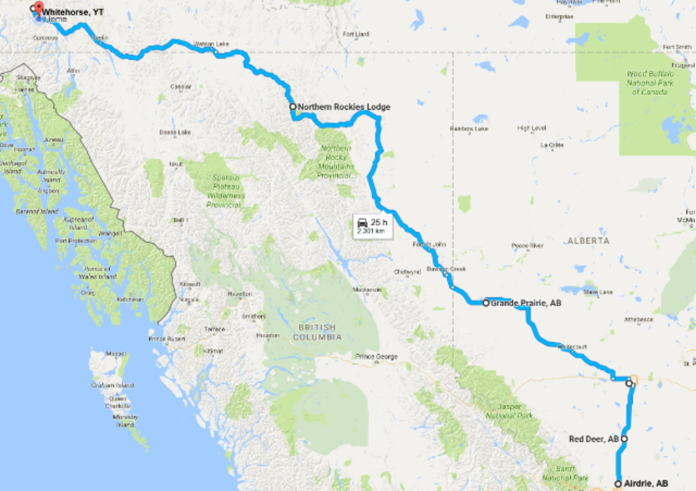 Calgary-Whitehorse driving map