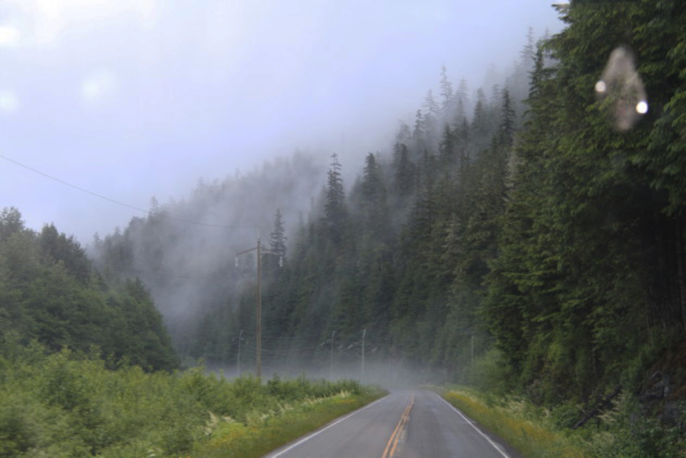 A misty morning on BC's Glacier Highway near Stewart, BC