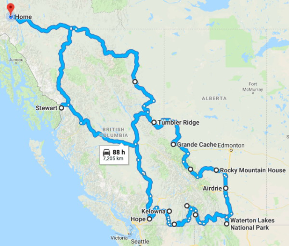 Map of 59-day BC/Alberta RV trip