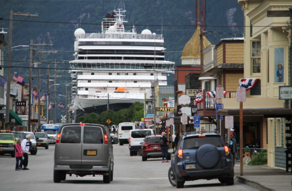 A cruise ship dominates Skagway, Alaska