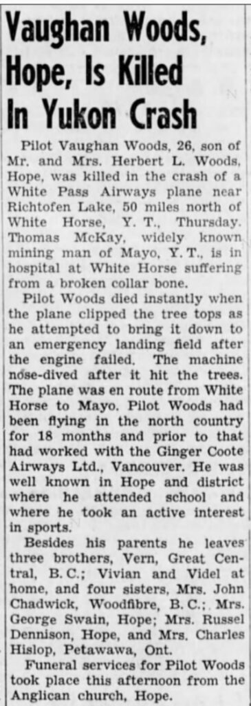 Pilot Vaughan Woods killed in Yukon plane cash - July 3, 1941