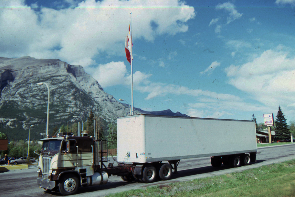 A cabover Freightliner at Dead Man's Flats on the Trans-Canada in July 1986