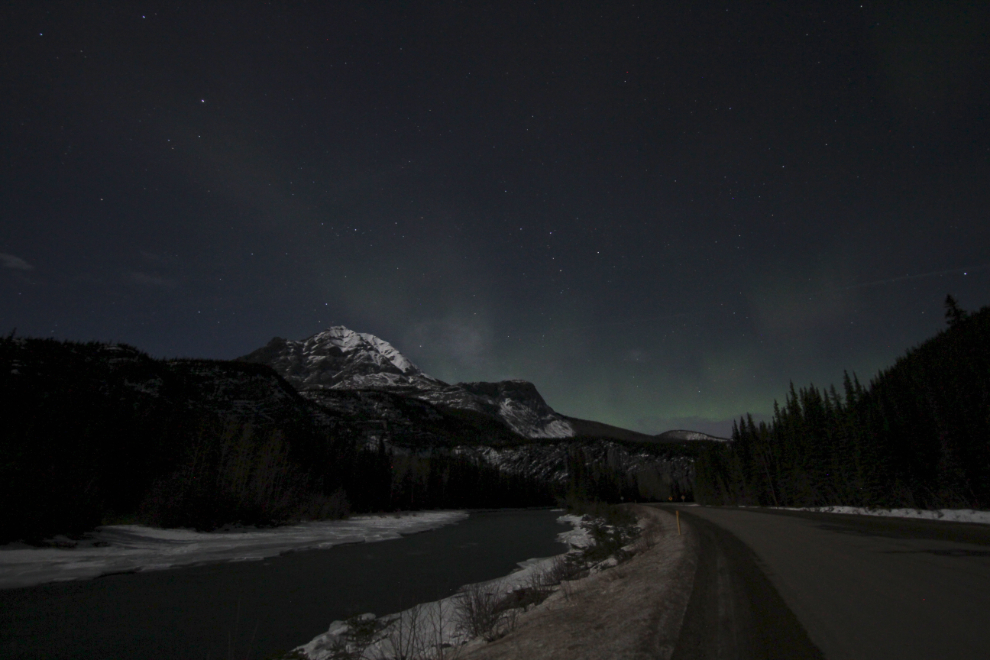 A faint aurora long the Alaska Highway