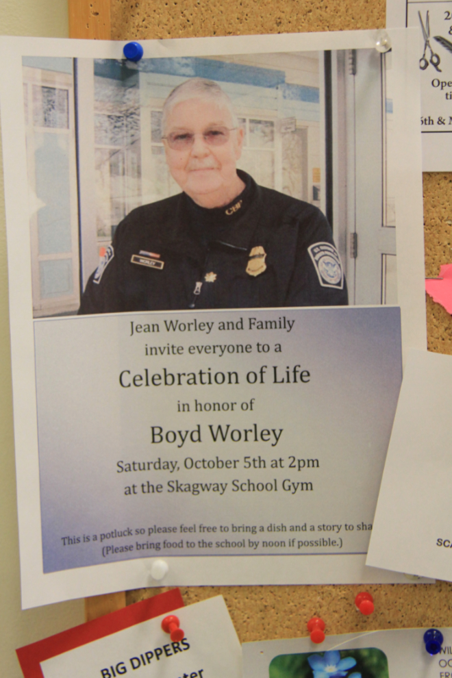 Boyd Worley obituary on the Skagway post office wall