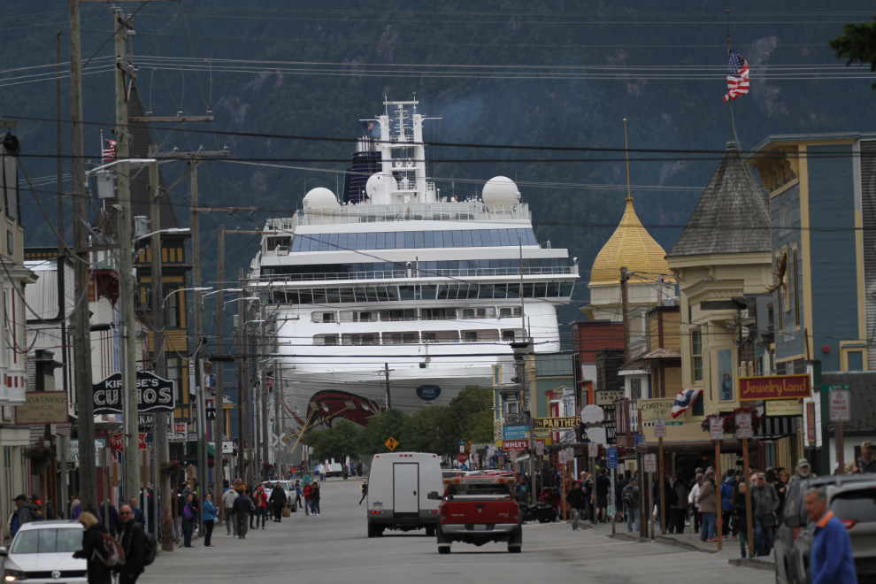 A cruise ship dominates Skagway