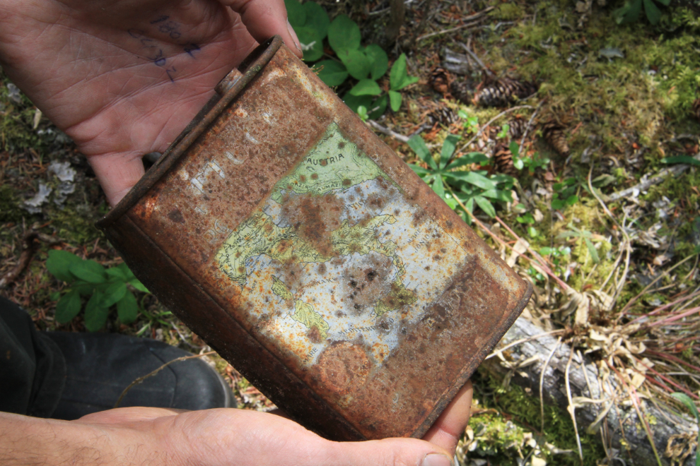 An olive oil can at a century-old logging camp on the BC/Yukon border