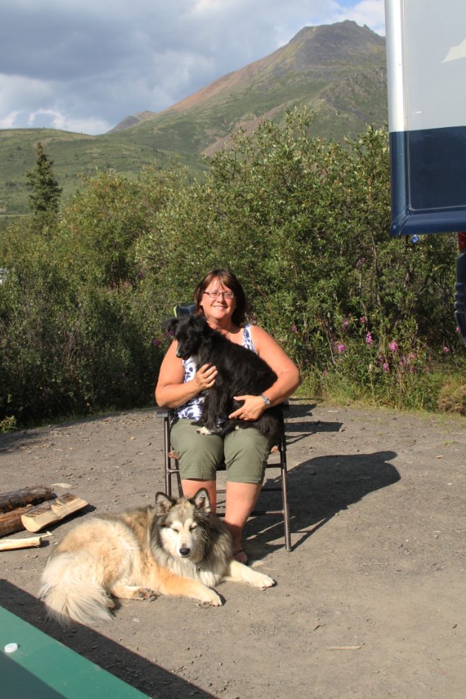 Cathy Dyson with her dogs at Tombstone Mountain Campground, Yukon
