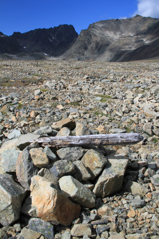Century-old silver mining claim post on Montana Mountain, Yukon