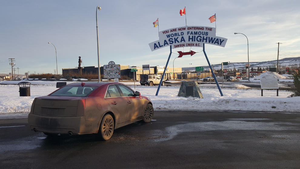 My Cadillac CTS at Alaska Highway Mile 0 in December