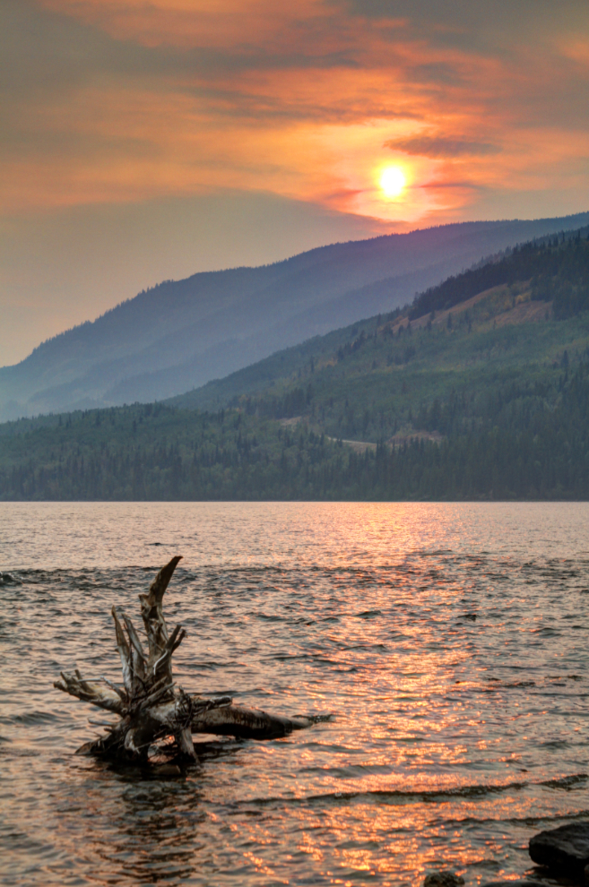 A wildfire-coloured sunset at Drury Creek Campground - Little Salmon Lake, Yukon