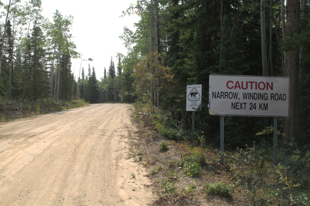 The start of the road to Ethel Lake Campground, Yukon - 'Caution - narrow, winding road next 24 km'