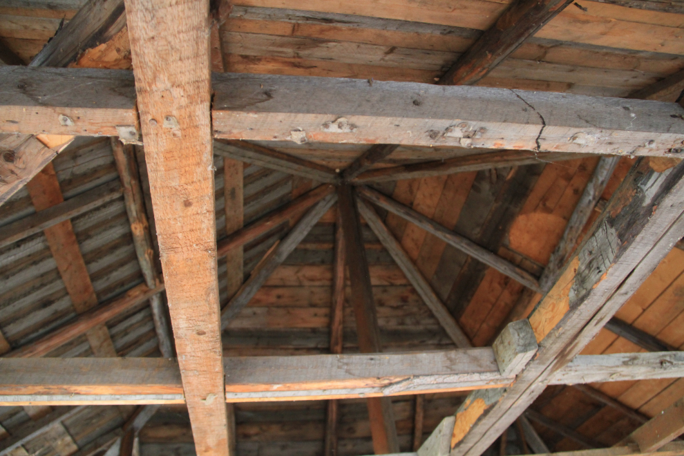 The complex roof of the Coward home. Fort Selkirk, Yukon