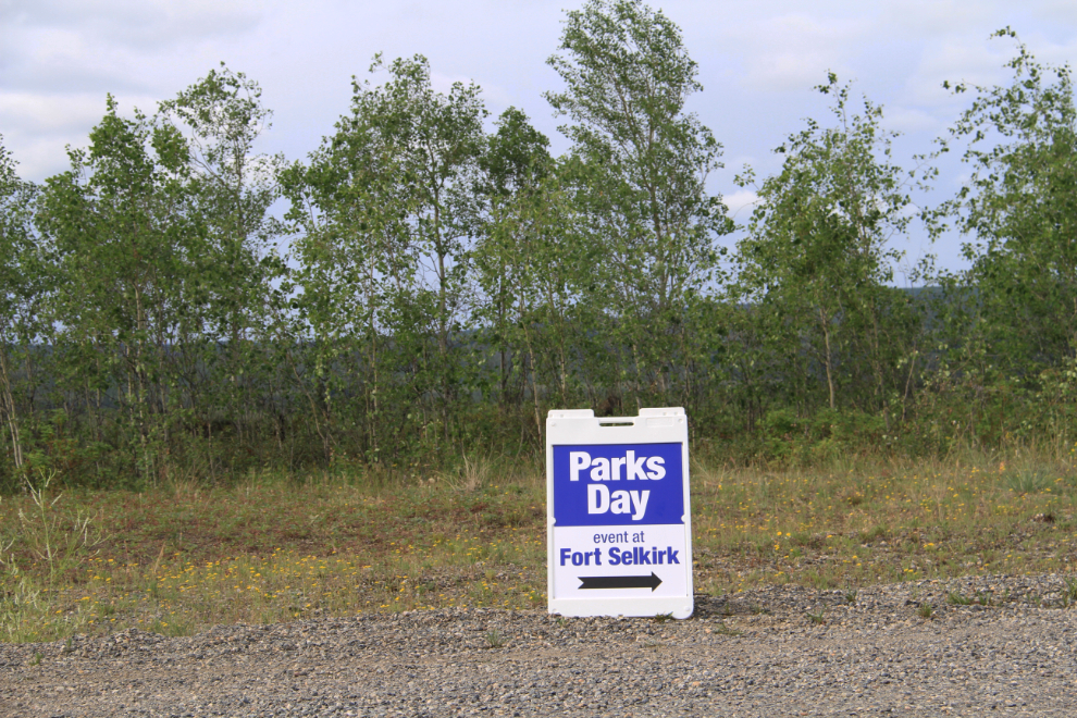 Sign pointing to Fort Selkirk, at Pelly Crossing, Yukon