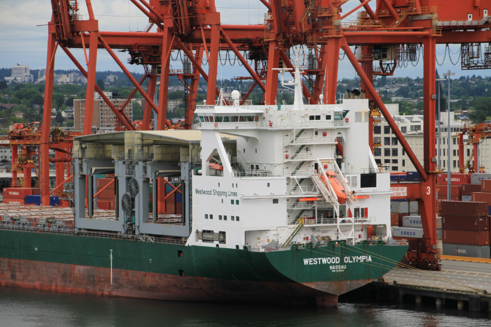 Freighter Westwood Olympia sitting at Vancouver's container port