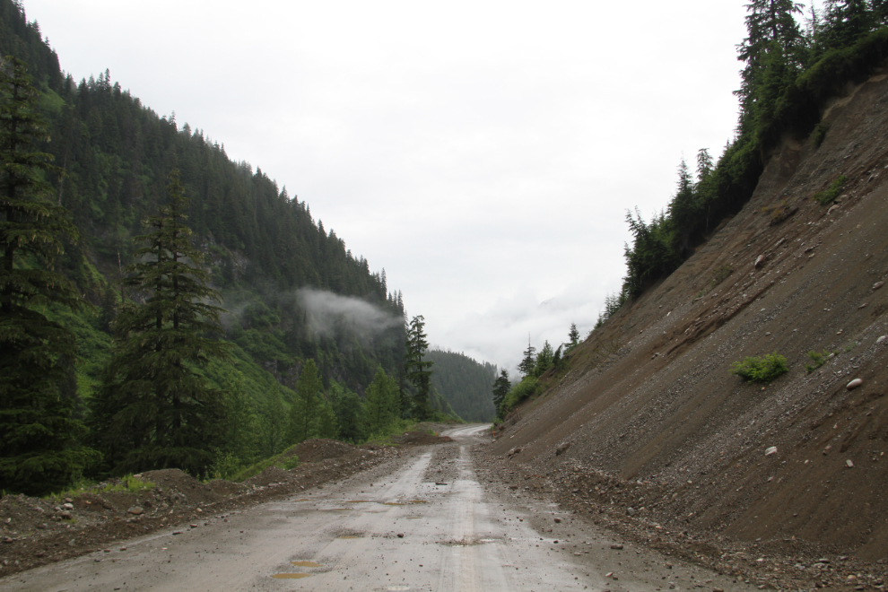 Unstable road - driving to the Salmon Glacier on the Granduc Road at Stewart, BC