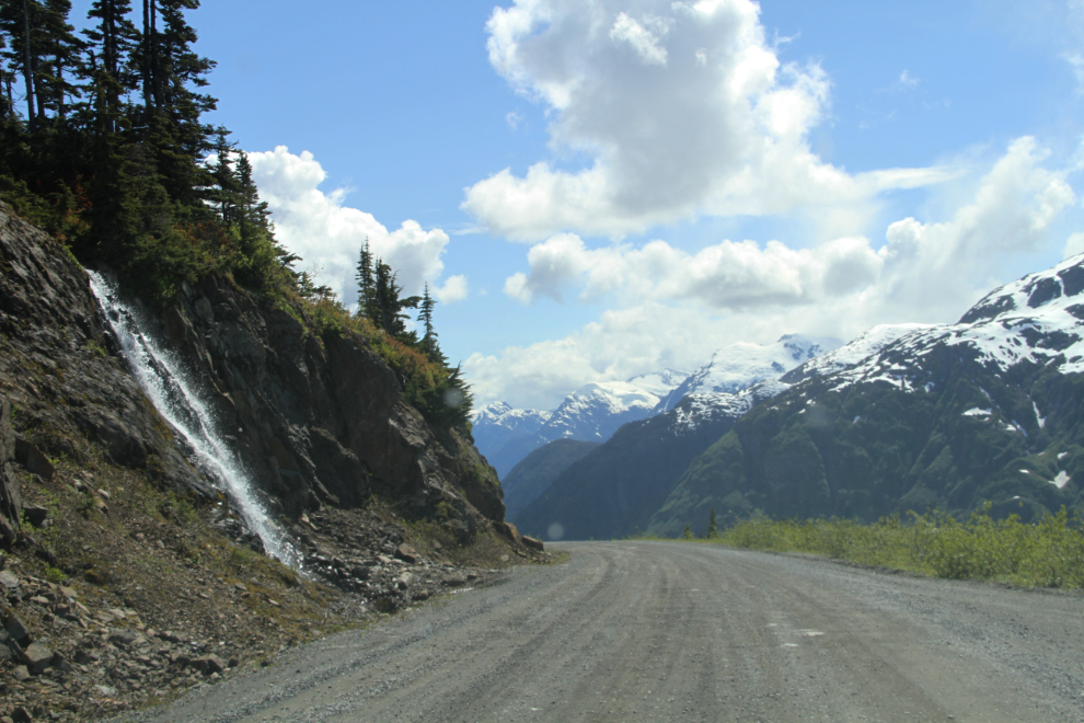 A waterfall along the Salmon Glacier road