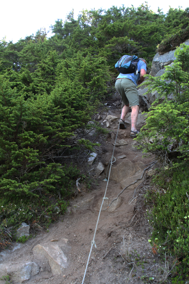 Rope-assisted drop on the International Falls Trail in the White Pass